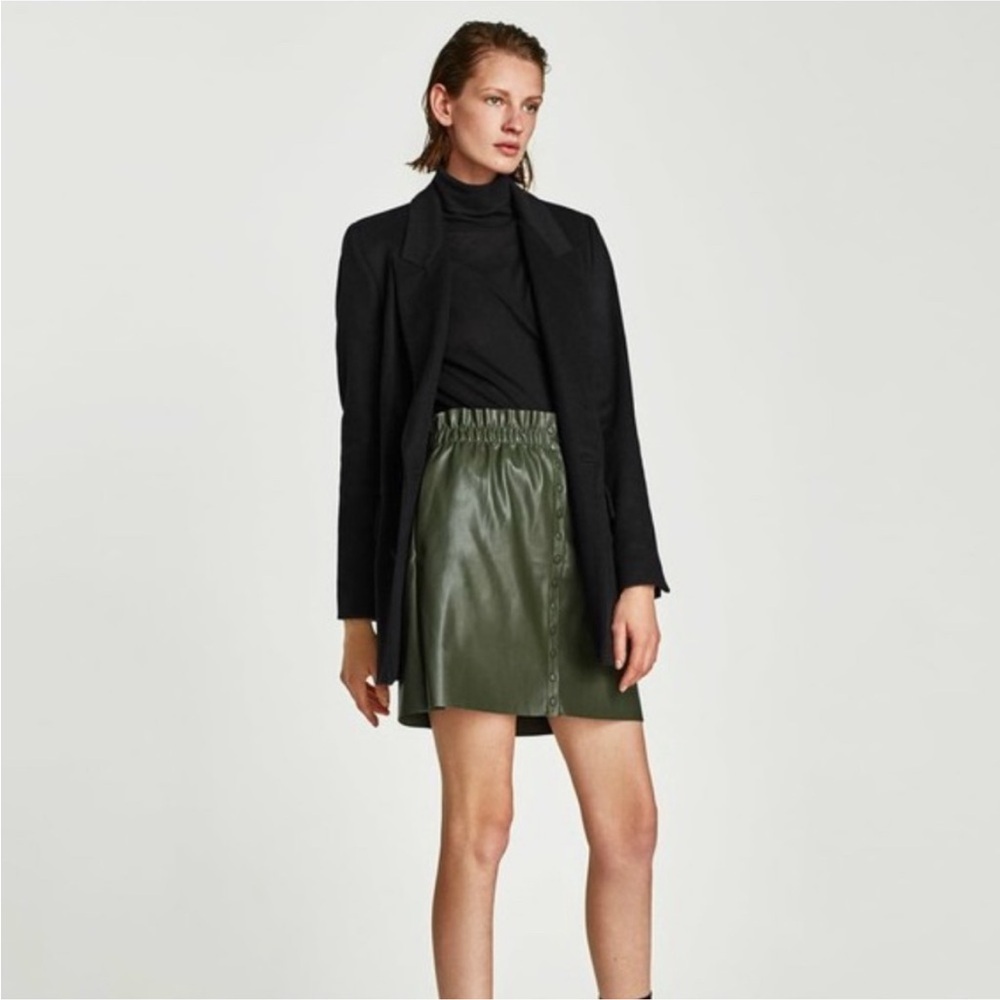 Zara Knit Green Faux Leather Paperbag High Waisted Button Up Skirt Small
